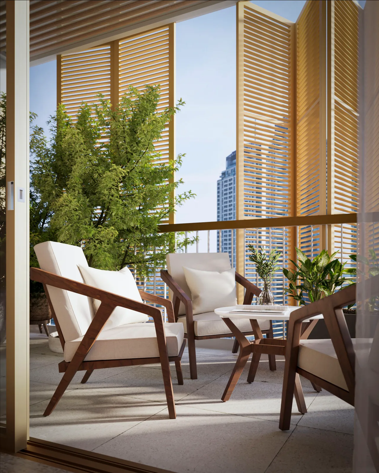The lanai at Eluria: two chairs on a planted balcony behind folding louvred shutters, the city beyond. Artist's perspective.