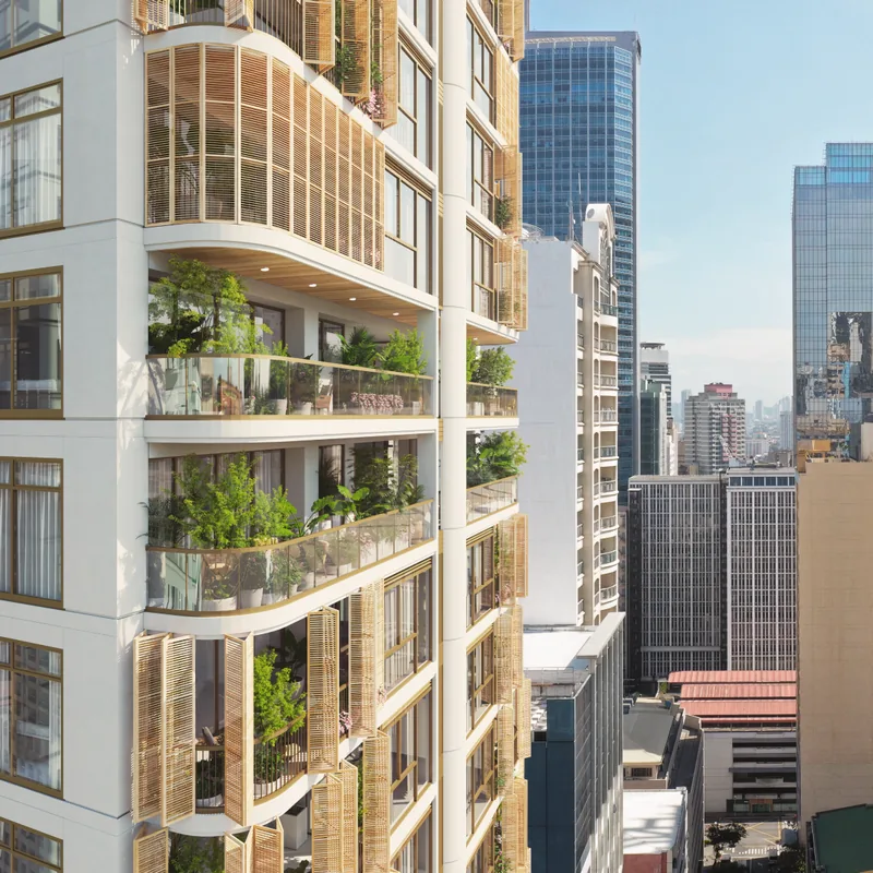 The curved, planted balconies of Eluria stacked up the elevation. Artist's perspective.