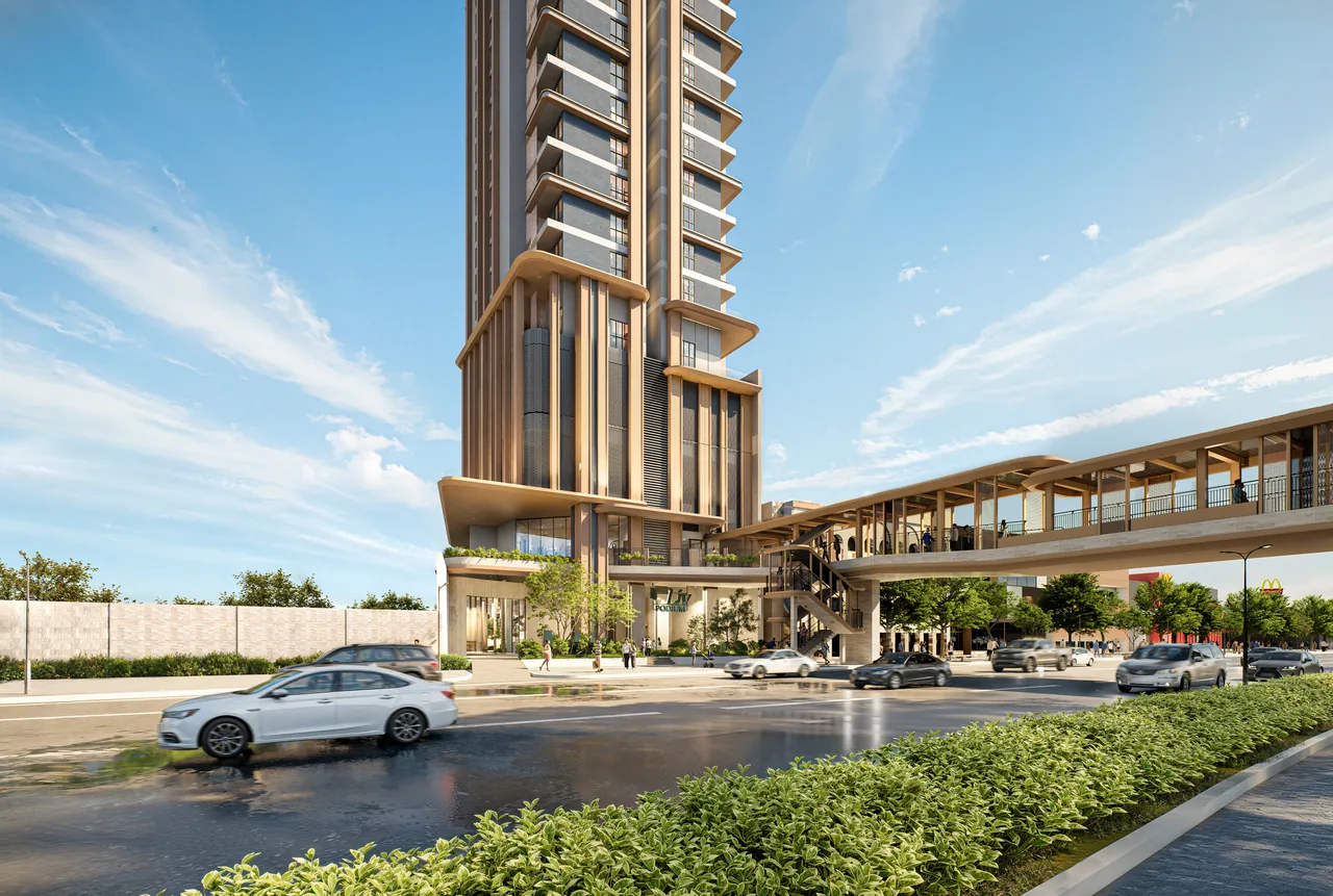 The elevated bridgeway and retail podium of Liv along Katipunan Avenue. Artist's perspective.