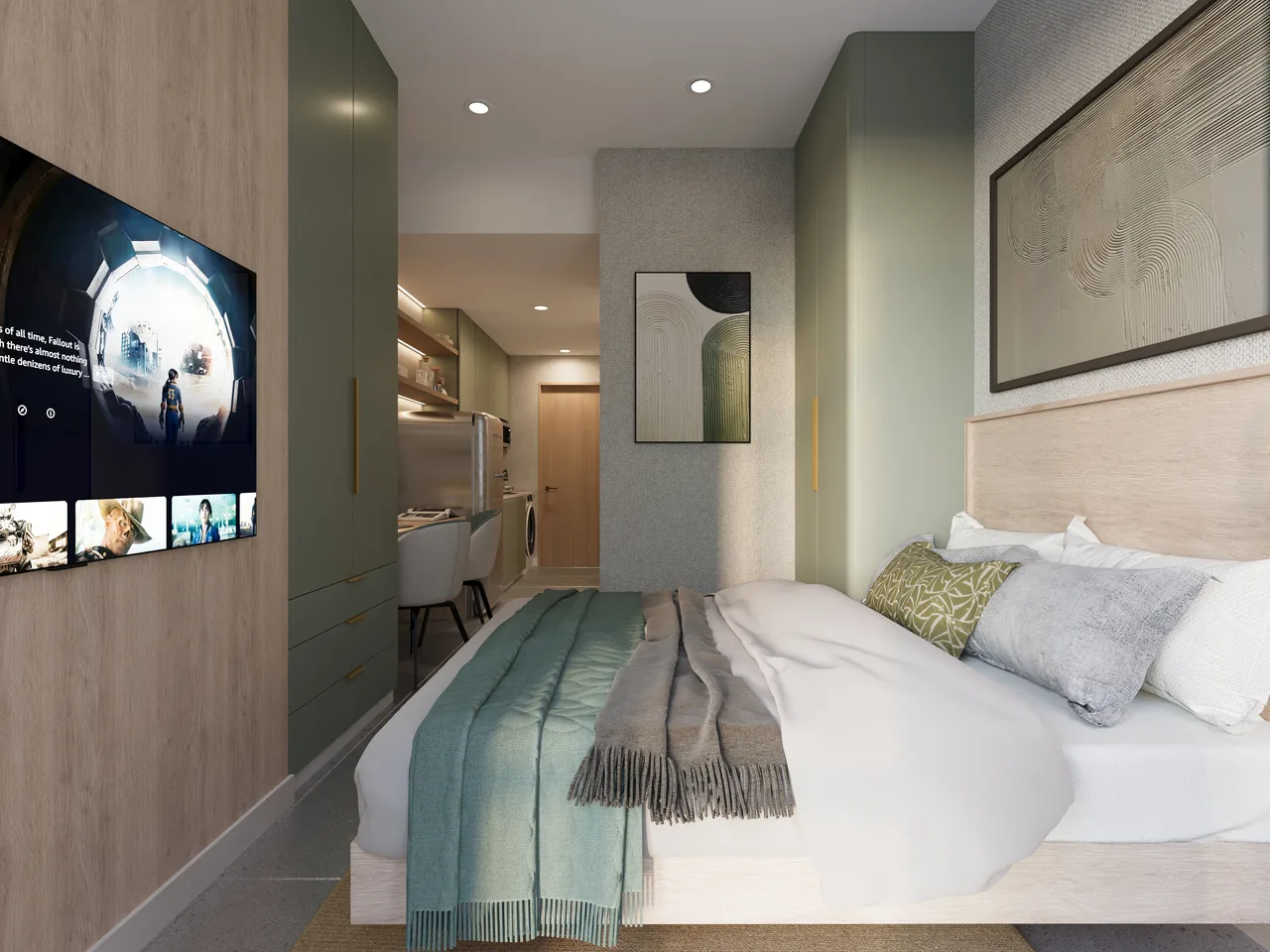 The bed area of a studio at Liv. Artist's perspective.