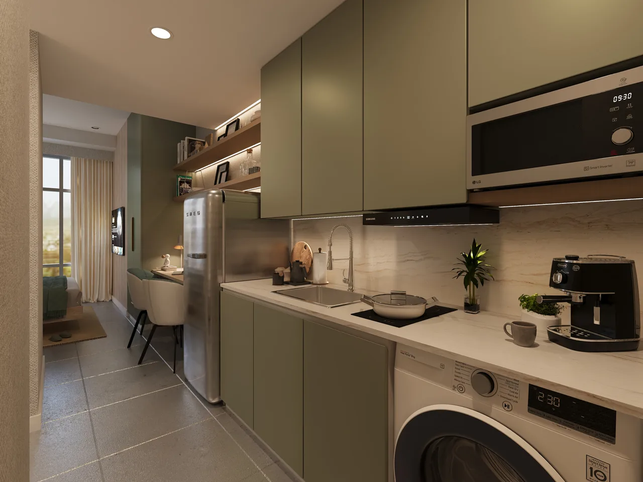 The kitchen run of a studio at Liv in sage cabinetry. Artist's perspective.