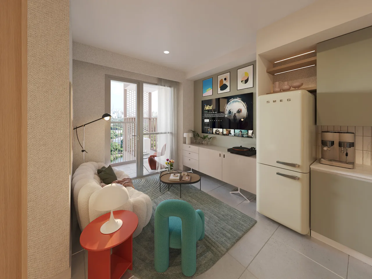 A one-bedroom living area at Liv. Artist's perspective.