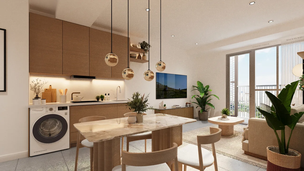 Two-bedroom kitchen and dining at Liv with pendant lighting. Artist's perspective.