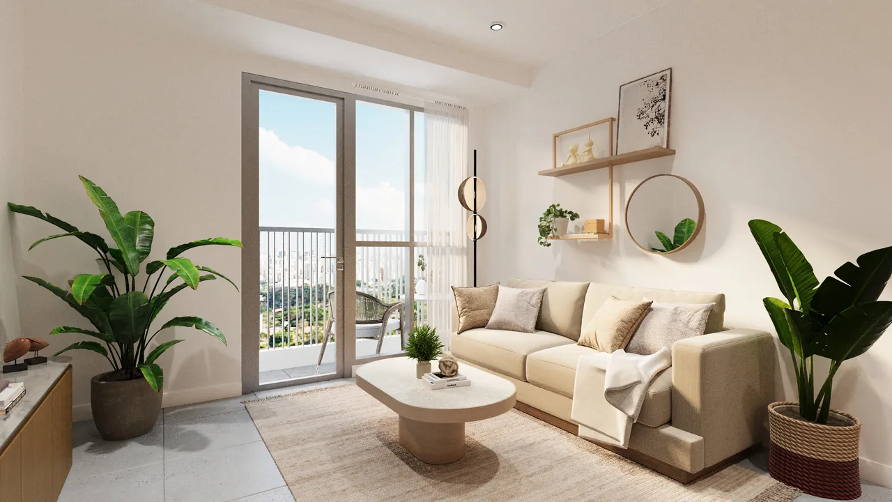 A two-bedroom living area at Liv opening onto its balcony. Artist's perspective.