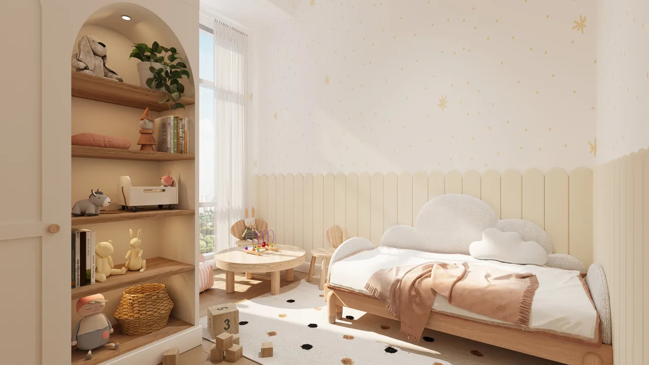 The second bedroom of a two-bedroom at Liv, set up as a child's room. Artist's perspective.
