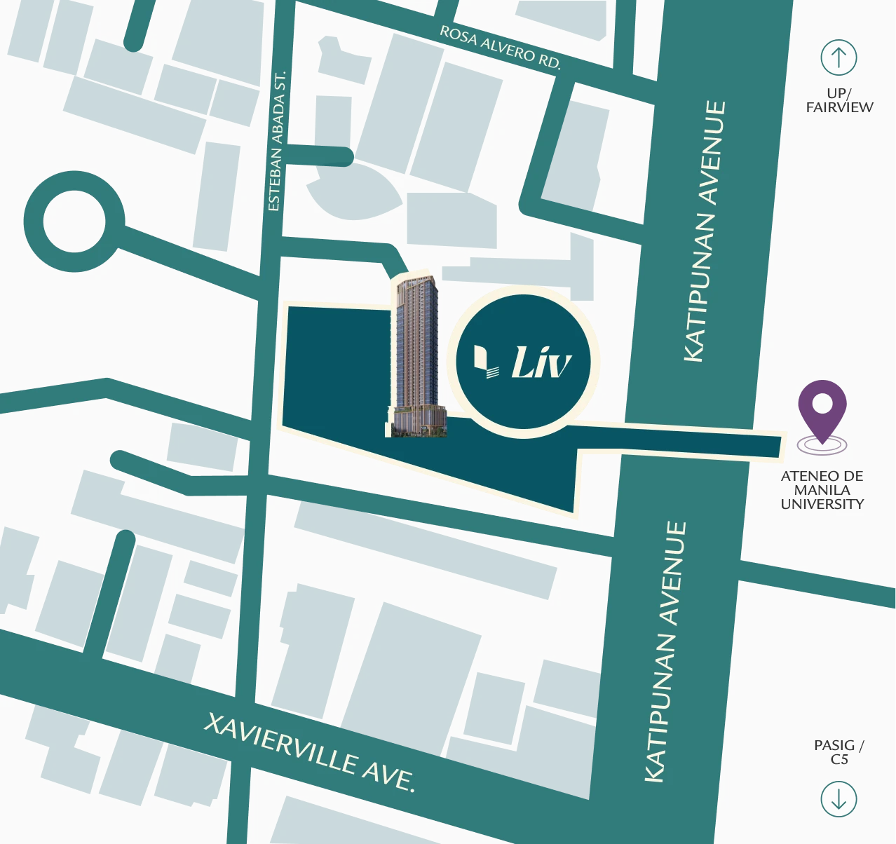 Map of the Katipunan area showing Liv in relation to Ateneo de Manila, Miriam College and UP Diliman.