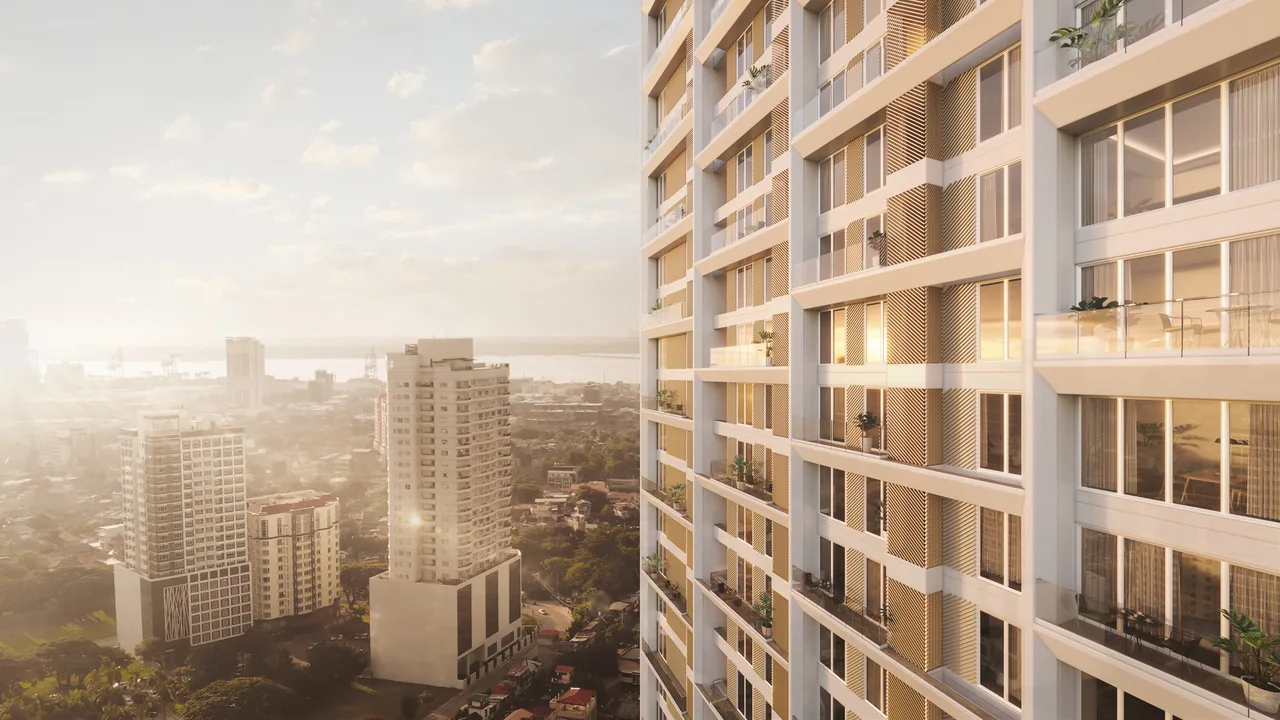 The Lucima facade in late afternoon light, looking out over Cebu towards the water.