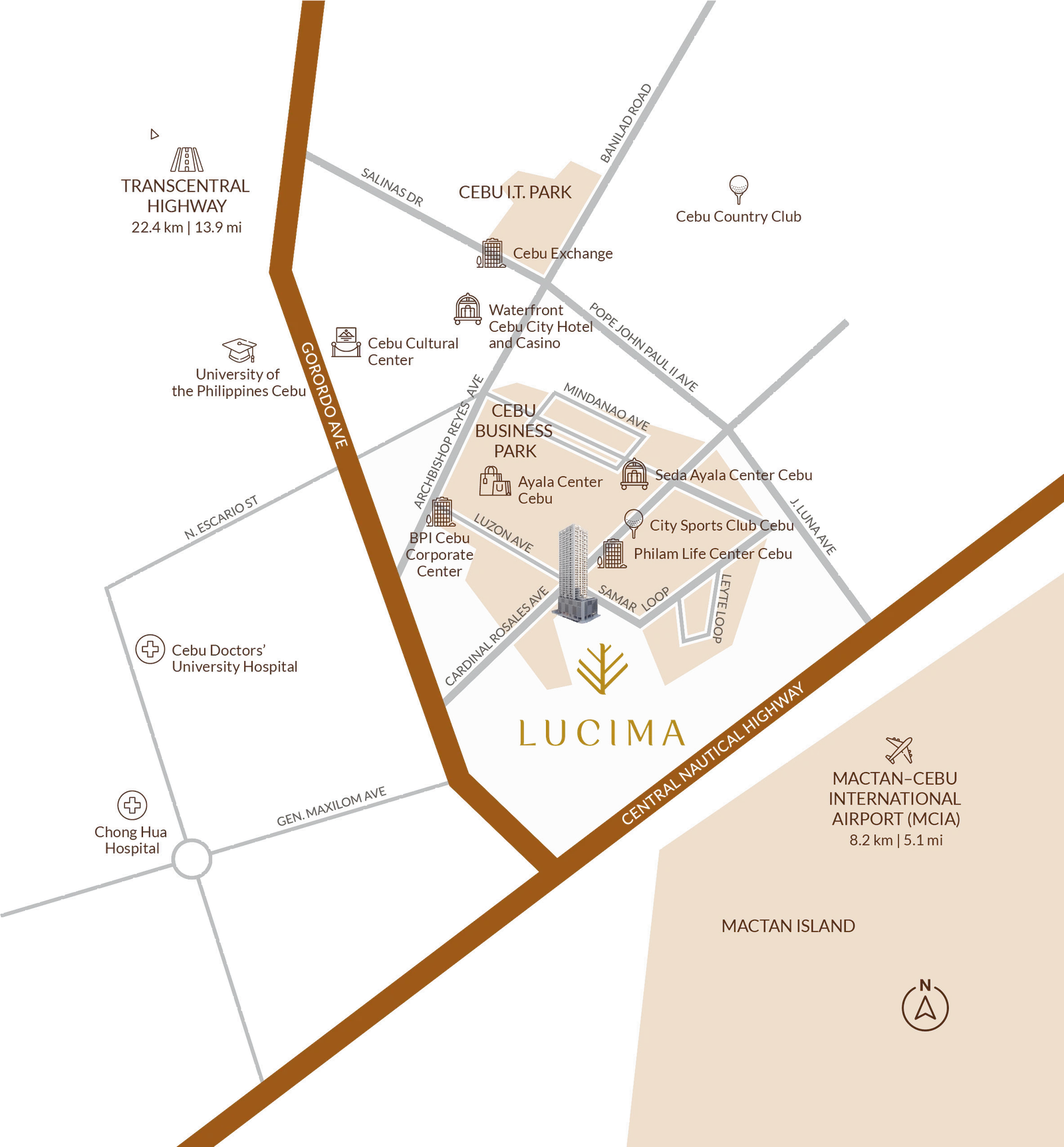 Map of Cebu Business Park showing Lucima at Cardinal Rosales Avenue corner Samar Loop.