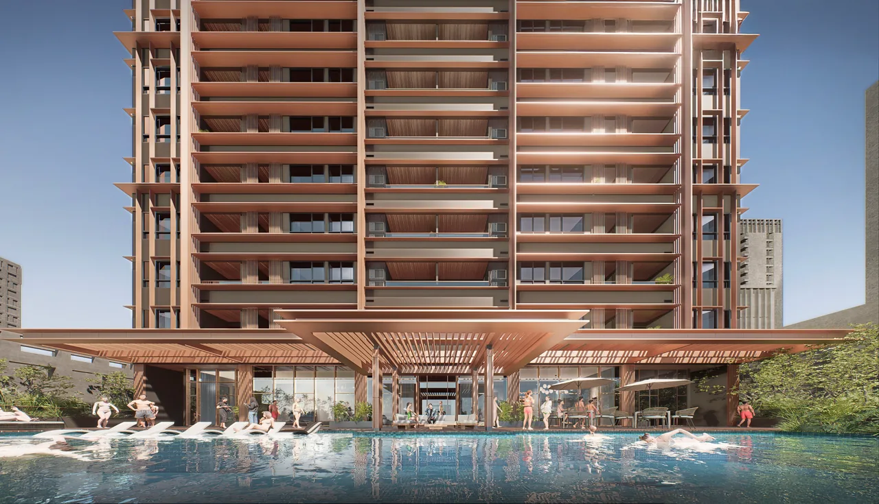 The Sondris tower rising over the 25 metre pool on its amenity deck. Artist's perspective.