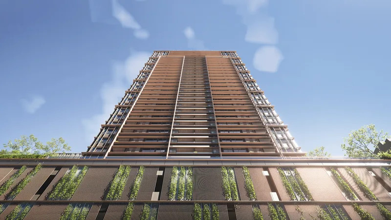 Sondris seen from the street, its bronze fins rising above the planted podium screen. Artist's perspective.