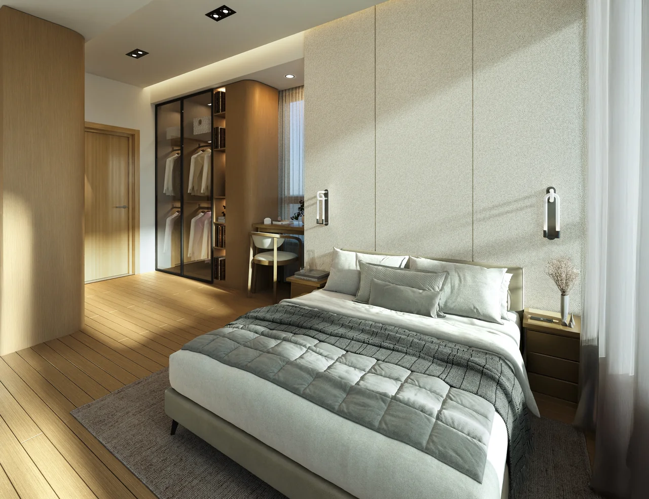 Two-bedroom primary bedroom and walk-in closet at Sondris. Artist's perspective.