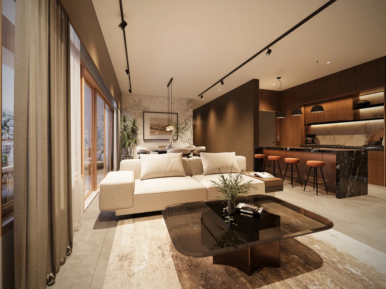 Three-bedroom living area, dining and kitchen at Sondris. Artist's perspective.