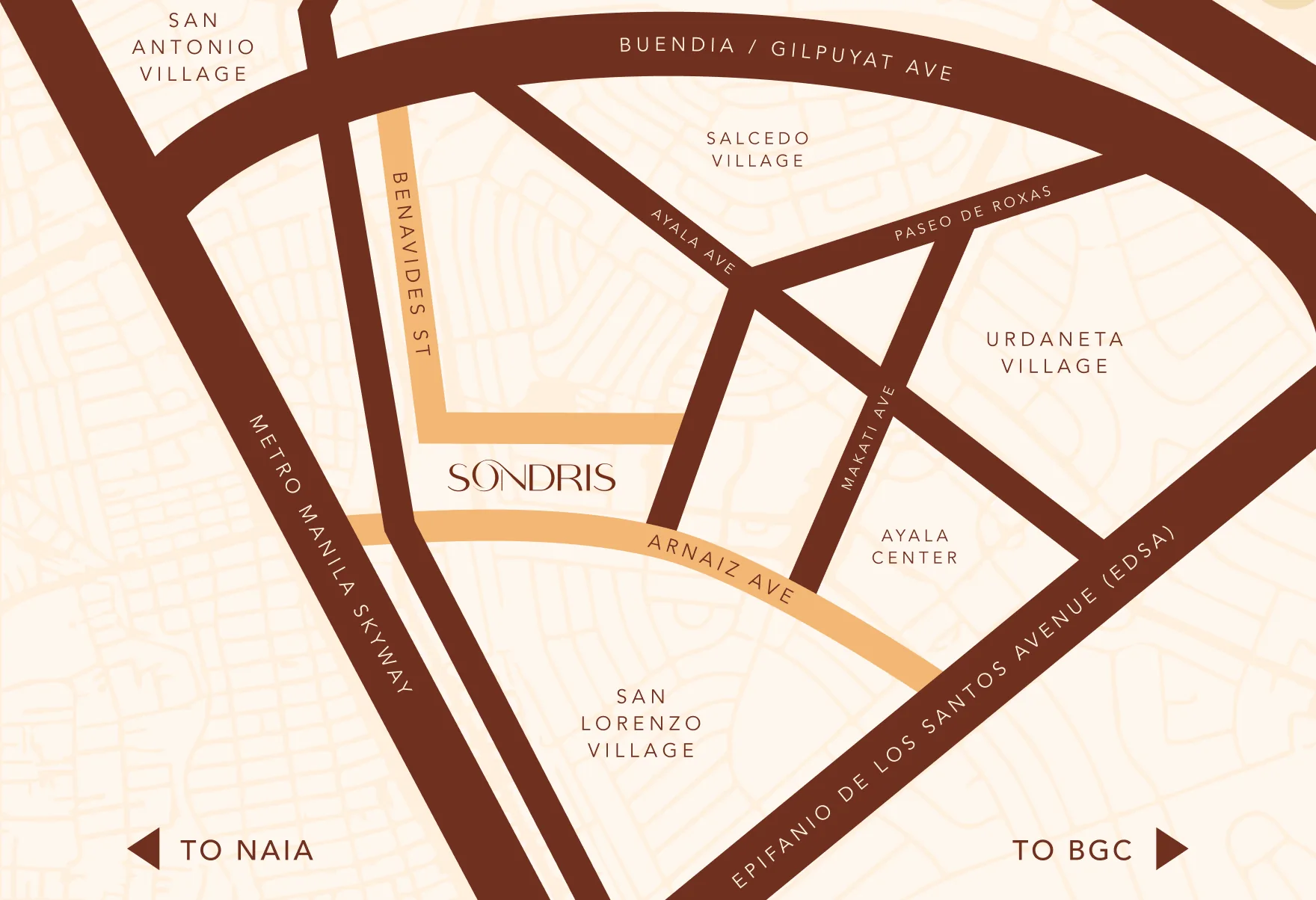Map of Legazpi Village, Makati, showing the position of Sondris on Arnaiz Avenue.